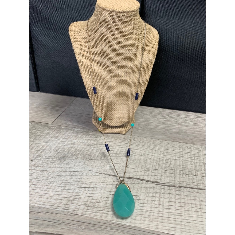 Charming Charlie Boho Teal Teardrop Pendant Feather Charm Long Necklace 32 Inch